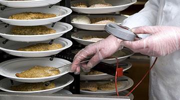 Rows of plates of food on a cart being inspected