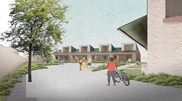 Sketch of four accessible bungalows with a tree in front and person walking